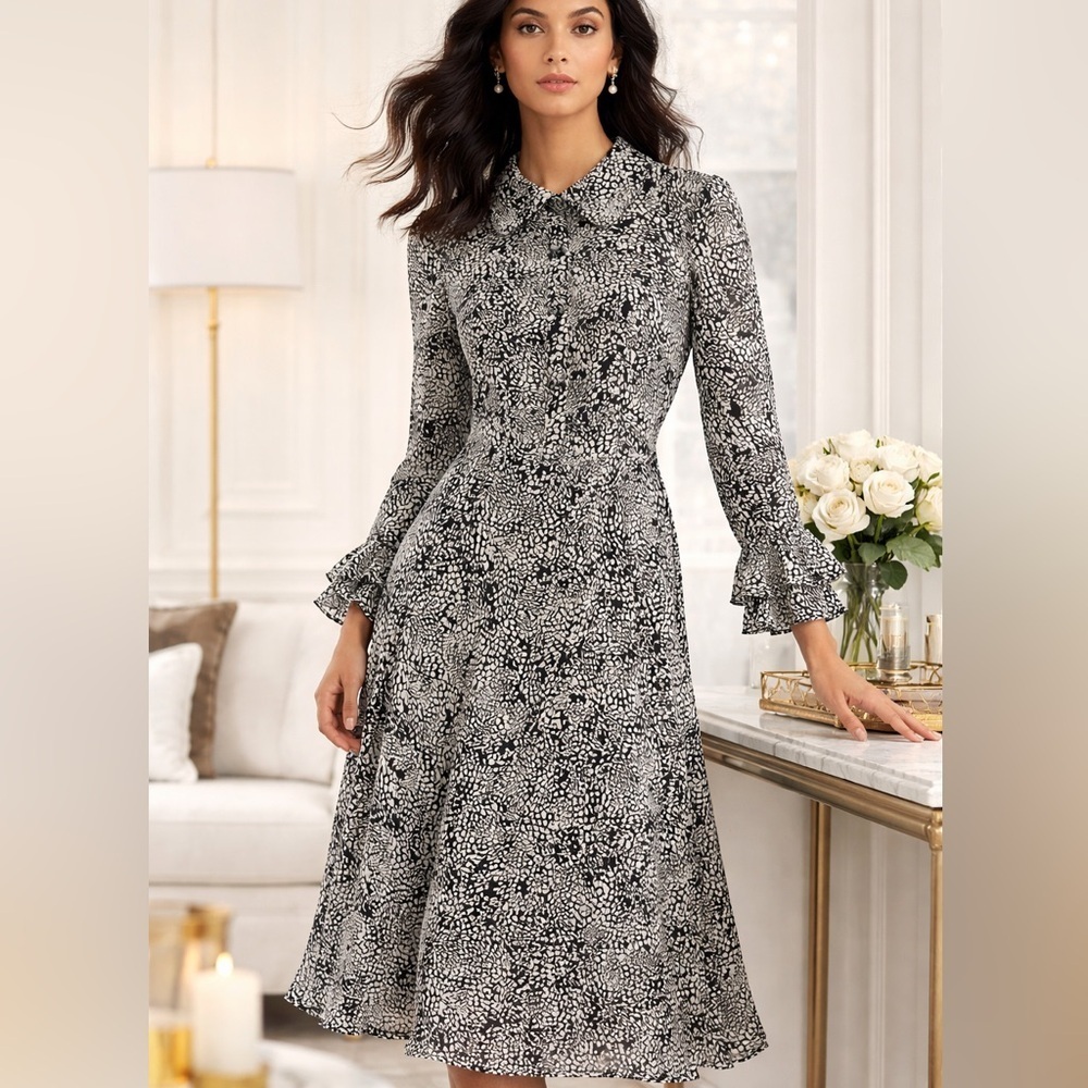 Mikael Aghal Animal Print Midi Dress NWT Size S Peter Pan Collar Office